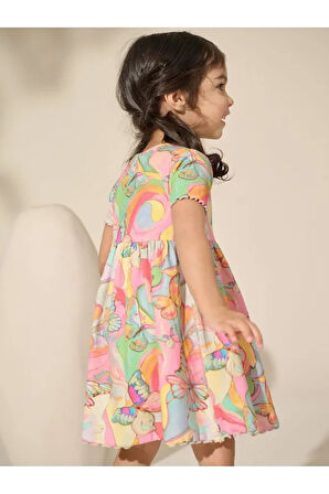 % 100 Pamuklu Gökkuşağı Desenli Kısa Kollu Elbise