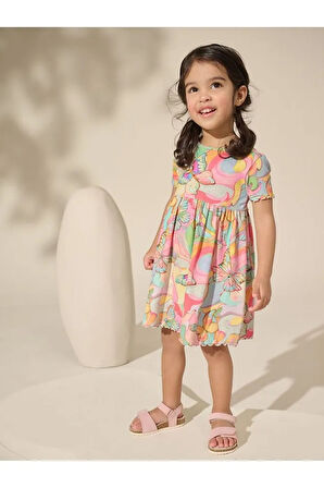 % 100 Pamuklu Gökkuşağı Desenli Kısa Kollu Elbise