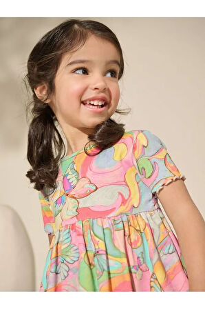 % 100 Pamuklu Gökkuşağı Desenli Kısa Kollu Elbise