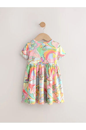 % 100 Pamuklu Gökkuşağı Desenli Kısa Kollu Elbise