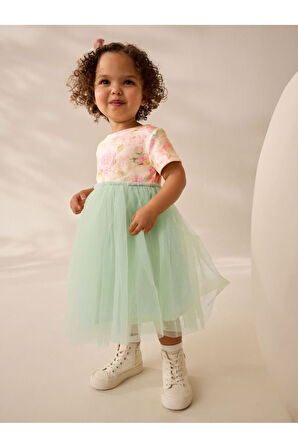 Next Baby Pamuklu Sage Green Floral Kısa Kollu Tütülü Elbise