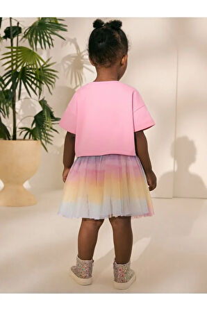 Pamuklu Pembe Gökkuşağı Tütülü Etek Thsirt Alt Üst Takım