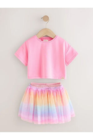 Pamuklu Pembe Gökkuşağı Tütülü Etek Thsirt Alt Üst Takım