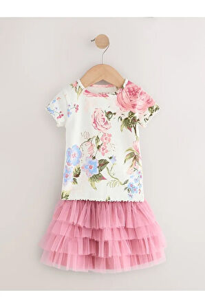 Pamuklu Pembe Çiçek Desenli Tütülü Etek Thsirt Alt Üst Takım