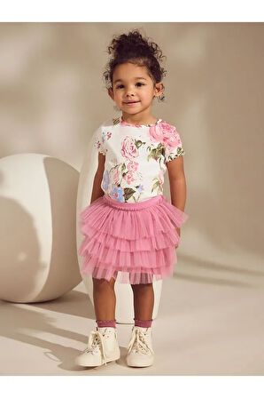 Pamuklu Pembe Çiçek Desenli Tütülü Etek Thsirt Alt Üst Takım