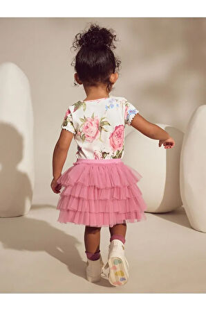 Pamuklu Pembe Çiçek Desenli Tütülü Etek Thsirt Alt Üst Takım