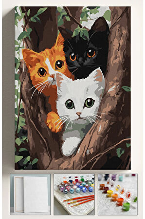 Sayılarla Boyama Seti Numaralı Tuval Fırça Boya 40x50 Cm - AĞAÇTAKİ KEDİLER