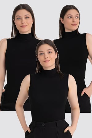Premium Günlük Giyim Sade Üst Modern Stil Kadın Siyah Balıkçı Yaka Kolsuz Body 3'lü Paket