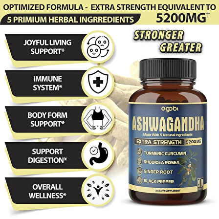 Agobi Hint Ginseng+Turmeric+Rhodiola+Ginger root Extract Capsules 5 Herbal Ingredients 5200 mg