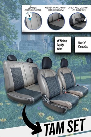 Hyundai Accent Admire Uyumlu Lüx Deri Süet Oto Koltuk Kılıfı Ön Arka Takım Premium GRİ SİYAH