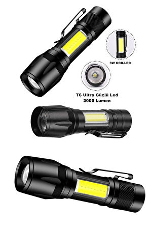 Ultra Çift Yönlü Güçlü Pilli Led El Feneri 2000 Lümen + 6w Cob Led Su Geçirmez Zoomlu 3 Modlu