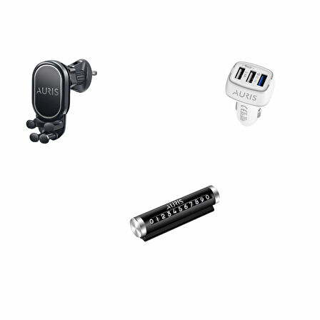 AURIS Araç İçi 3’lü Set – Telefon Tutucu + Çift USB Araç Şarj Cihazı + Park Numaratör