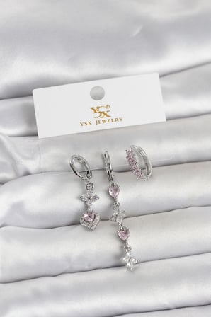 Pirinç Gümüş Renk Pembe Zirkon Taşlı 3'lü Kadın Küpe 5886