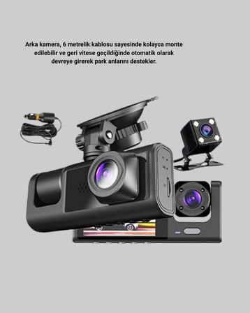 Üç Kameralı Araç DVR Full HD Gece Görüşlü ve 2 inç IPS Ekranlı