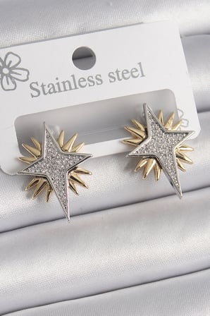 Pirinç Gold Gümüş Renk Zirkon Taşlı Kutup Yılıdız Model Kadın Küpe 5886