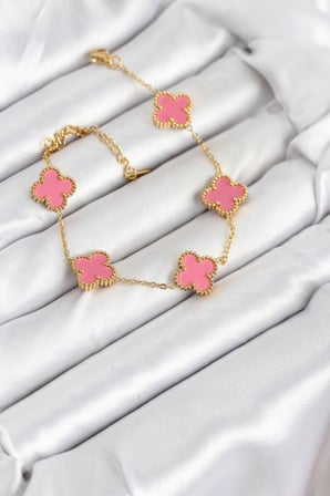 316L Çelik Gold Zincir Pembe Yonca Renk Bileklik 5886
