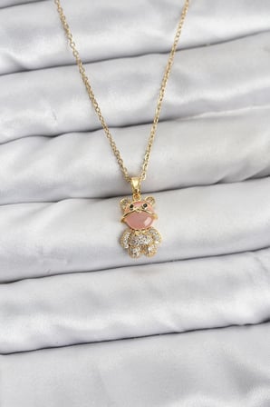 316L Çelik Zincir Gold Renk Teddy Bear Model Zirkon Taşlı Kadın Kolye 5886