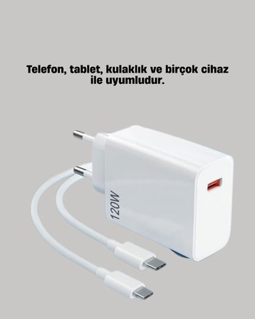 120W Güçlü Hızlı Şarj Adaptörü ve Type-C Kablo Seti – Güvenli Şarj Tekno