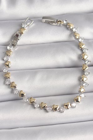 Pirinç Gümüş Renk Zirkon Taşlı Gold Kalpli VIP Seri Kadın Bileklik 5886