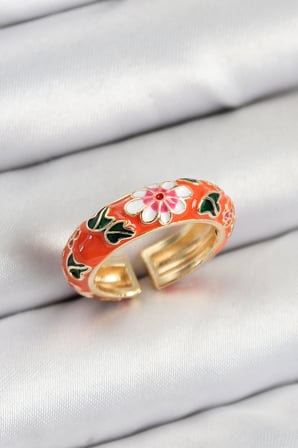 Pirinç Turuncu Mineli Çiçek Motifli Gold Renk Ayarlanabilir Kadın Yüzük 5886