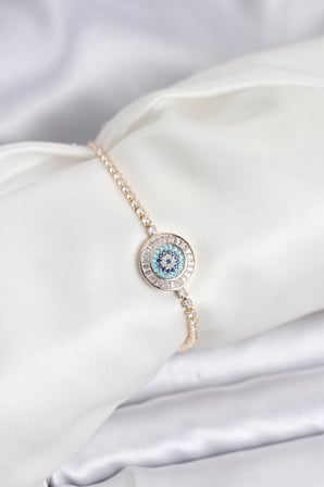 Gold Renk Nazar Model Zirkon Taşlı Asansörlü Su Yolu Bileklik 5886