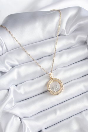 316L Çelik Gold Renk Zirkon Taş Detay Ay Yıldız Fanus Model Kadın Kolye 5886