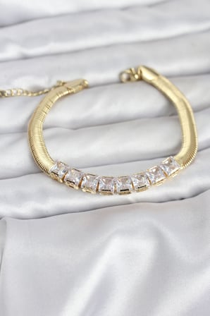 316L Çelik Gold Renk Kare Zirkon Taşlı Yılan Zincirli Kadın Bileklik 5886