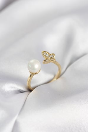 Kelebek İncili Model Gold Renk Zirkon Taşlı Kadın Yüzük 5886