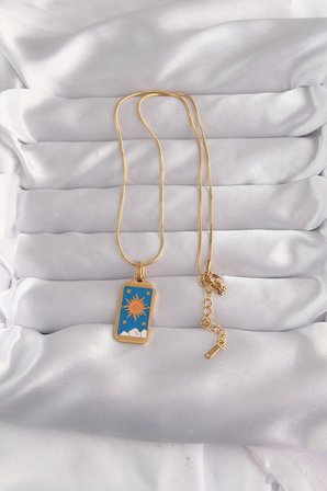 316L Çelik Gold Renk Mavi Mineli Güneş Model Tarot Kolye 5886