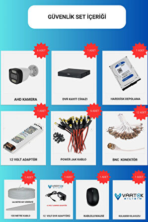 6 Kameralı 500 GB HDD Güvenlik Kamera Seti 5MP 1080p Full HD Tam Renkli Gece Görüş DVR Kayıt Cihazlı Tak Çalıştır Sistem