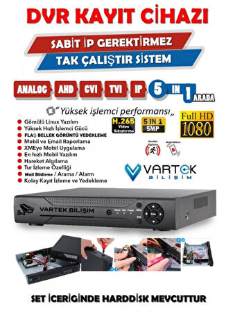 5 Kameralı 1TB HDD Güvenlik Kamera Seti 5MP 1080p Full HD Tam Renkli Gece Görüş DVR Kayıt Cihazlı Tak Çalıştır Sistem