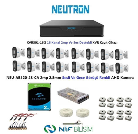 Neutron 2mp 16 kameralı Gece Renkli Sesli Dış ortam AHD Full Kamera Seti 2TB Disk NEU-AB120-28-CA