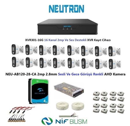 Neutron 2mp 16 kameralı Gece Renkli Sesli Dış ortam AHD Full Kamera Seti 4TB Disk NEU-AB120-28-CA