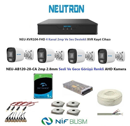 Neutron 2mp 4 kameralı Gece Renkli Sesli Dış ortam AHD Full Kamera Seti 1TB Disk NEU-AB120-28-CA