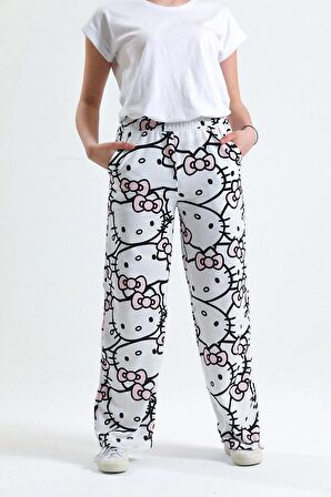 Unisex Beyaz Hello Kitty Cat Bol Paça Eşofman Altı S beden