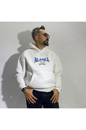 Alaska Nakış Detaylı Oversize Beyaz Hoodie