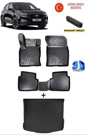 Ford Kuga 2019 Sonrası Uyumlu 3D Havuzlu Paspas ve 3D  Bagaj Havuzu Seti ASMA KOKU VE NUMARATÖR HEDİYELİ