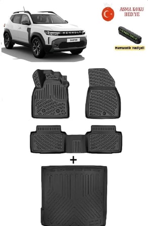 Renault Duster (Eco G / e-Tech / Tce | 4X2)  2024 Sonrası Uyumlu  3D Havuzlu Paspas ve 3D ÜST KADEME Bagaj Havuzu Seti ASMA KOKU VE NUMARATÖR HEDİYELİ