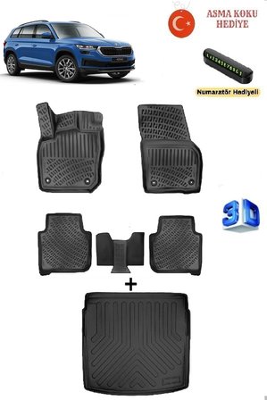 Skoda Kodiaq 2024 Sonrası Uyumlu 3D Havuzlu Paspas ve 3D ALT KADEME Bagaj Havuzu Seti ASMA KOKU VE NUMARATÖR HEDİYELİ