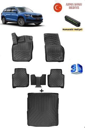 Skoda Kodiaq 2024 Sonrası Uyumlu 3D Havuzlu Paspas ve 3D ÜST KADEME Bagaj Havuzu Seti ASMA KOKU VE NUMARATÖR HEDİYELİ