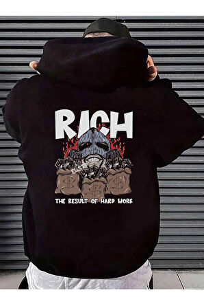 Unisex Kadın Erkek Kapüşonlu Kanguru Cepli Oversize Sweatshirt Hoodie Rich