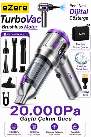 Northcity TurboVac 20000Pa Güçlü Dijital Göstergeli Kablosuz Araç Süpürgesi - 3'ü 1 Arada