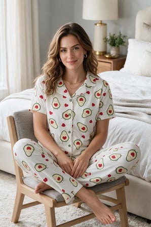 Northcity Avokado Desenli Kısa Kollu Gömlek Yaka Milan Kumaş Kadın Pijama Takımı