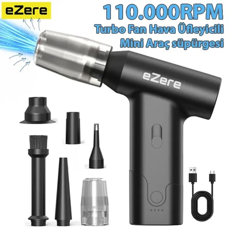 Northcity J02 Çift Fonksiyonlu Mini Araç Süpürgesi & Turbo Fan Hava Üfleyici - 110.000 RPM, 7.4V 4000mAh
