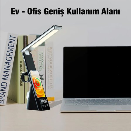 Northcity Dijital Saatli 15W Kablosuz Şarjlı LED Işıklı Katlanabilir Masa Lambası - Hızlı Şarj ve Çoklu Cihaz Desteği