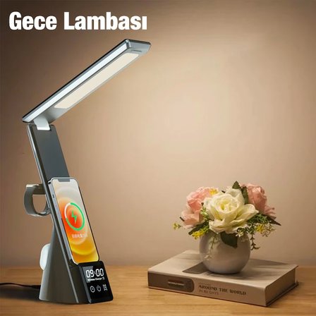Northcity Dijital Saatli 15W Kablosuz Şarjlı LED Işıklı Katlanabilir Masa Lambası - Hızlı Şarj ve Çoklu Cihaz Desteği