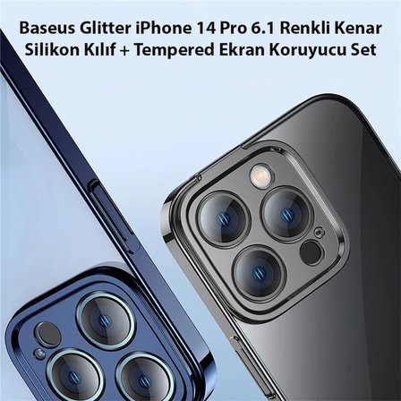 Northcity iPhone 14 Pro 6.1 Kılıf Seti - Glitter Renkli Silikon Kenarlı Darbeye Dayanıklı Koruyucu + Temper Cam Ekran Koruyucu
