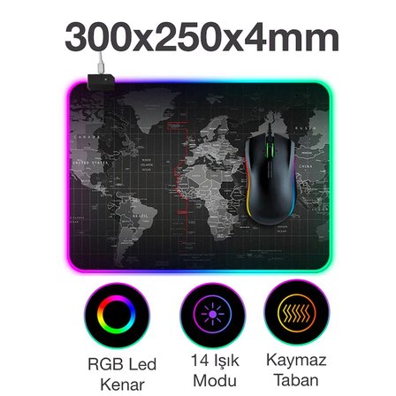 Northcity RGB Oyuncu Mouse Pad Dünya Haritalı 30x25 cm Led Işıklı – Kaymaz Tabanlı