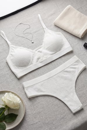 Northcity Kadın Ekru Çıkarılabilir Pedli Fitilli Dantelli Bralet Takımı