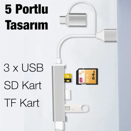 Northcity 5'li Type-C & USB 3.0 Hub Adaptör - 3xUSB 3.0 SD TF Okuyucu